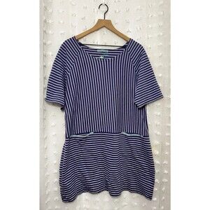 GUDRUN SJODEN Blue Striped Short Sleeve Blouse Tunic Shirt Size Large